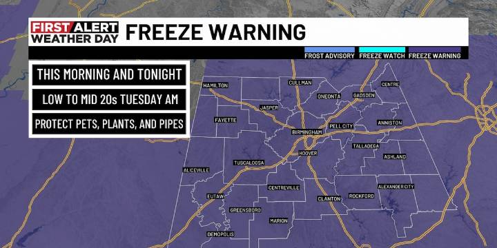 First Alert Weather Day: Freezing temperatures across central Alabama Monday, Tuesday mornings