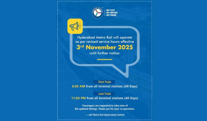 Hyderabad Metro to end services earlier from November 3; last train at 11 pm