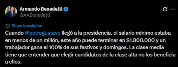 Armando Benedetti anticipa salario mínimo de hasta COP 1.800.000 para 2026