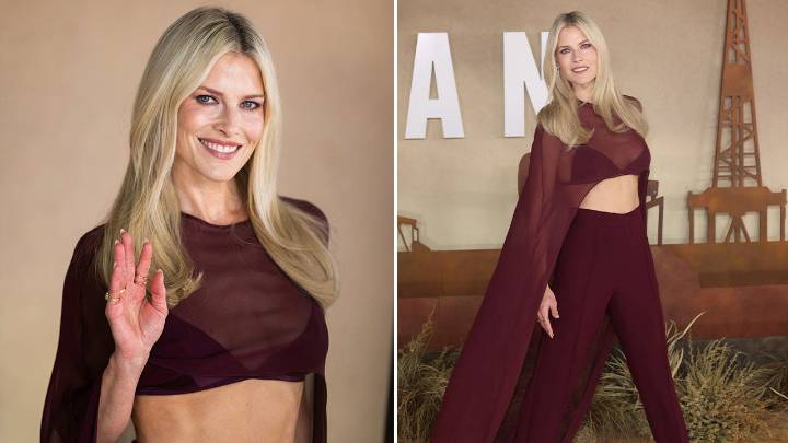 Ali Larter wears burgundy bralette and sheer cape at 'Landman' premiere