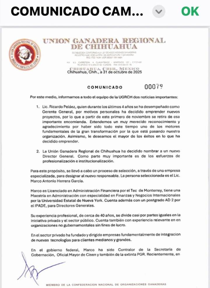 Anuncia la Unión Ganadera Regional de Chihuahua relevo en la Dirección General