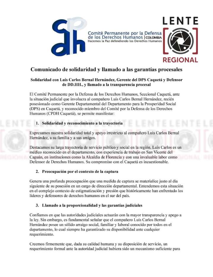 #Atención Comité de Derechos Humanos se pronuncia sobre captura del Gerente Regional del DPS