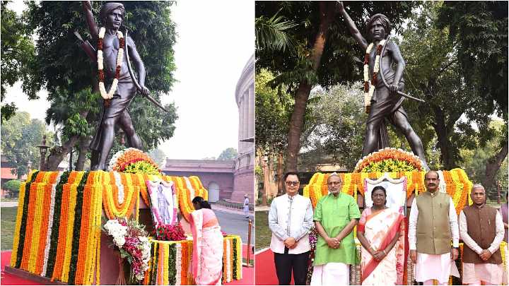 President Droupadi Murmu Pays Tribute To Birsa Munda On 150th Birth Anniversary At Parliament House