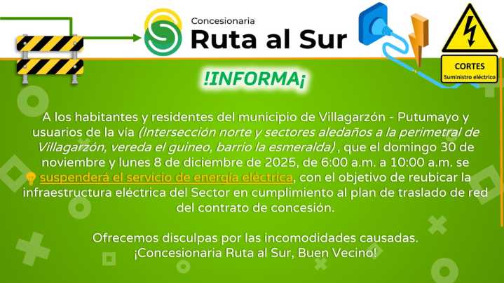 ¡Atención Villagarzón! Cortes Programados de Energía Eléctrica por Obras Viales