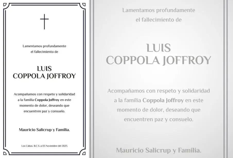Esquela de Luis Coppola Joffroy, emitida por Mauricio Salicrup y familia