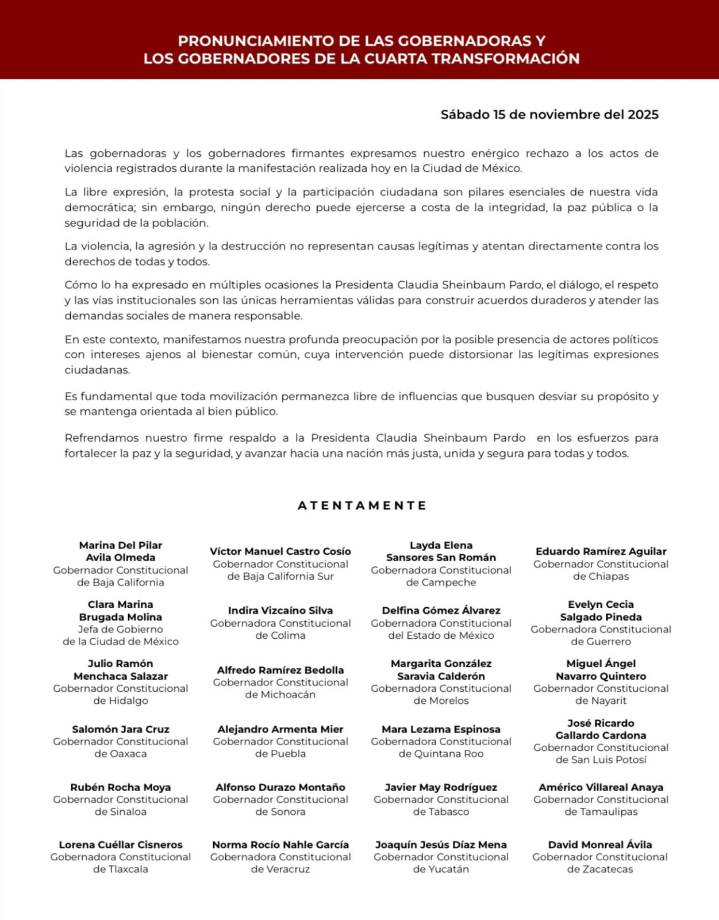 Rechazan gobernadores la violencia en manifestaciones, «siempre se garantiza la libertad»