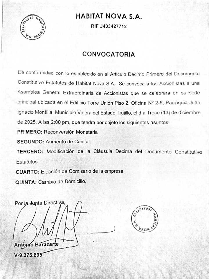 Convocatoria Asamblea General Extraordinaria de Accionistas de «HABITAT NOVA S.A.»