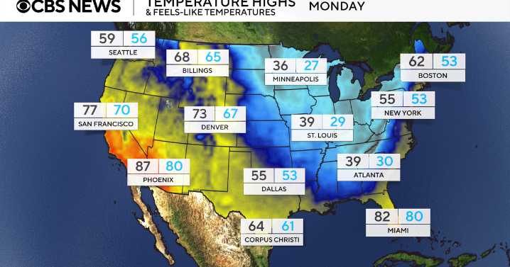 Maps show cold temperatures in eastern U.S., early season lake effect snow due to polar vortex