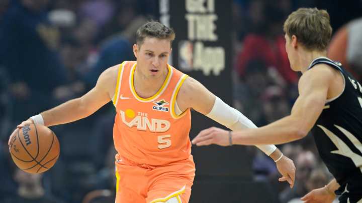 Cavs guard Sam Merrill talks after scoring 20 points vs Bucks