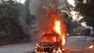 IN PHOTOS: Car catches fire on Mumbai-Pune Highway near Thane