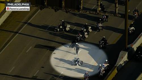 2 motorcycle cops injured in crash during Camp Out for Hunger procession on I-95 southbound near Penn's Landing in Philadelphia