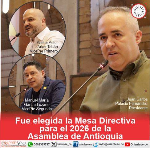 Fue elegida la Mesa Directiva para el 2026 de la Asamblea Departamental de Antioquia