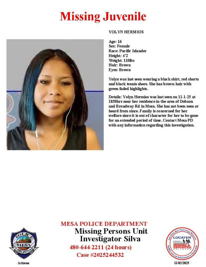 Yolyn Hermios, 16, missing from Mesa, police say