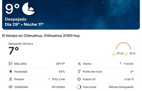 Sábado con cielo soleado para la ciudad de Chihuahua