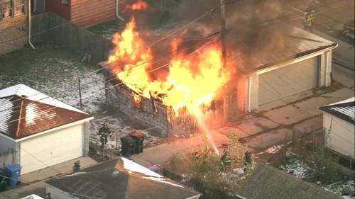 Video from ABC Chopper 7 shows Chicago firefighters battle garage fire at 85th and Stony Island Avenue on Wednesday