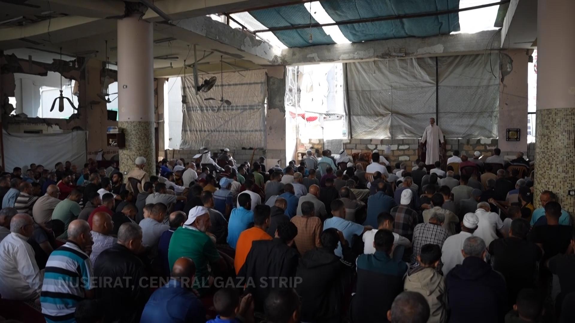 Friday prayers held in partially destroyed mosque in Nuseirat, Central Gaza
