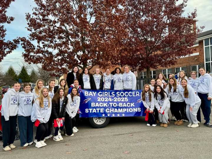 Bay High School girls soccer team celebrates with the community as back to back state champions!