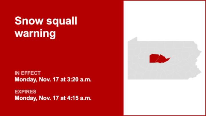 Snow squall warning for Centre and Clearfield counties early Monday morning