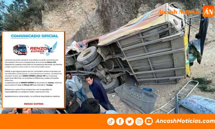 Empresa Renzo Expres aclara que no tiene vínculo con la unidad involucrada en el accidente de Yungay