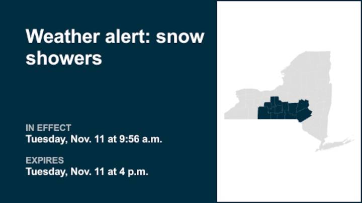 Weather alert issued for lake effect snow and showers in New York until early Tuesday evening