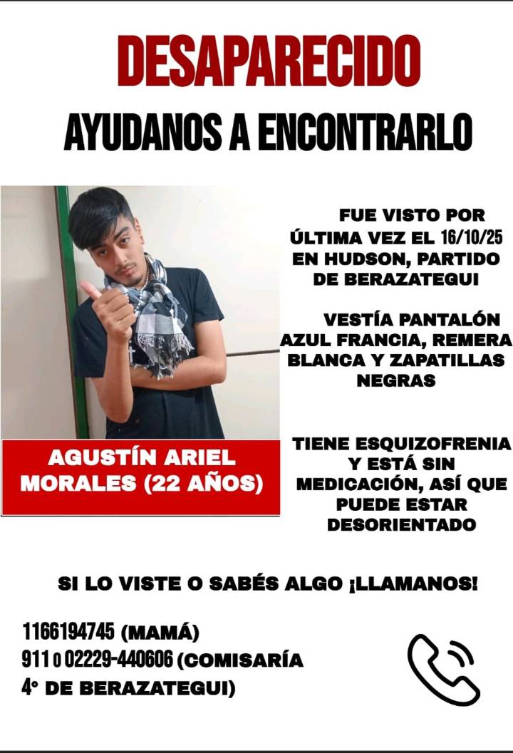 Buscan a un joven desaparecido en Hudson: piden ayuda para encontrar a Agustín Ariel...