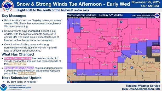 Winter storm warning goes into effect for Twin Cities late Tuesday
