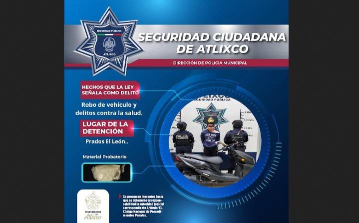 Cae en Atlixco presunto ladrón con moto robada y droga “cristal”