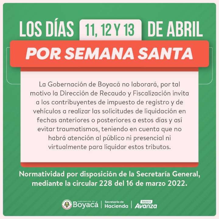 Gobernación de Boyacá no atenderá público en Semana Santa