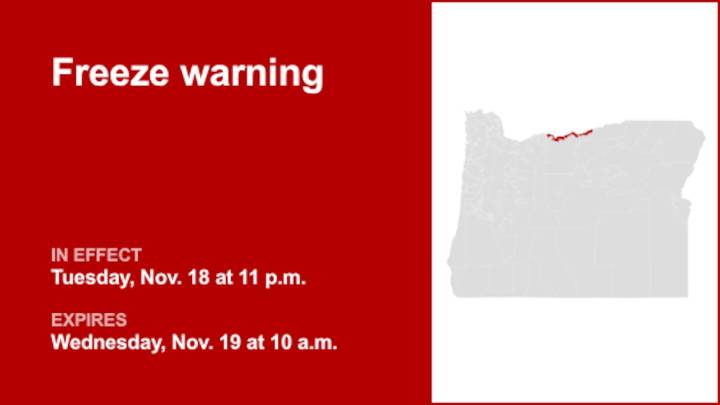 Update: Freeze warning in place for Eastern Columbia River Gorge of Oregon until Wednesday morning