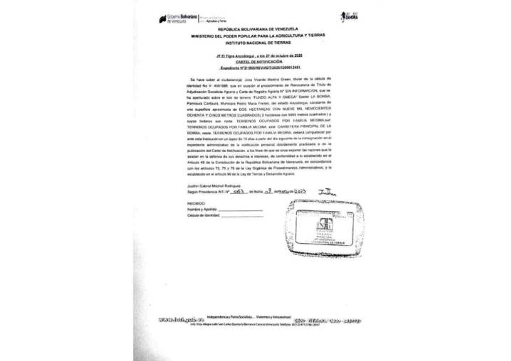Cartel INTI El Tigre en atención a José Vicente Medina Green y el lote de terreno «Fundo Alfa y Omega»