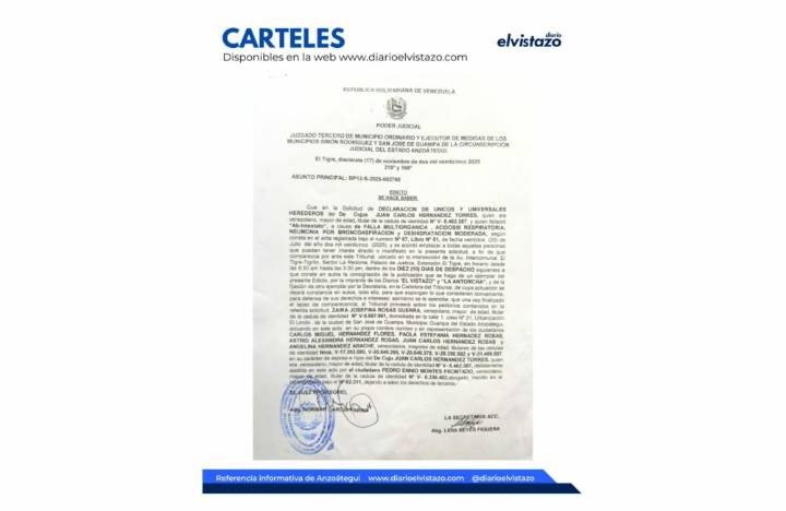 Edicto Juzgado Tercero de los Municipios Simón Rodríguez y Guanipa en atención a la Solicitud de Declaración de Únicos y Universales Herederos de Juan Carlos Hernández Torres