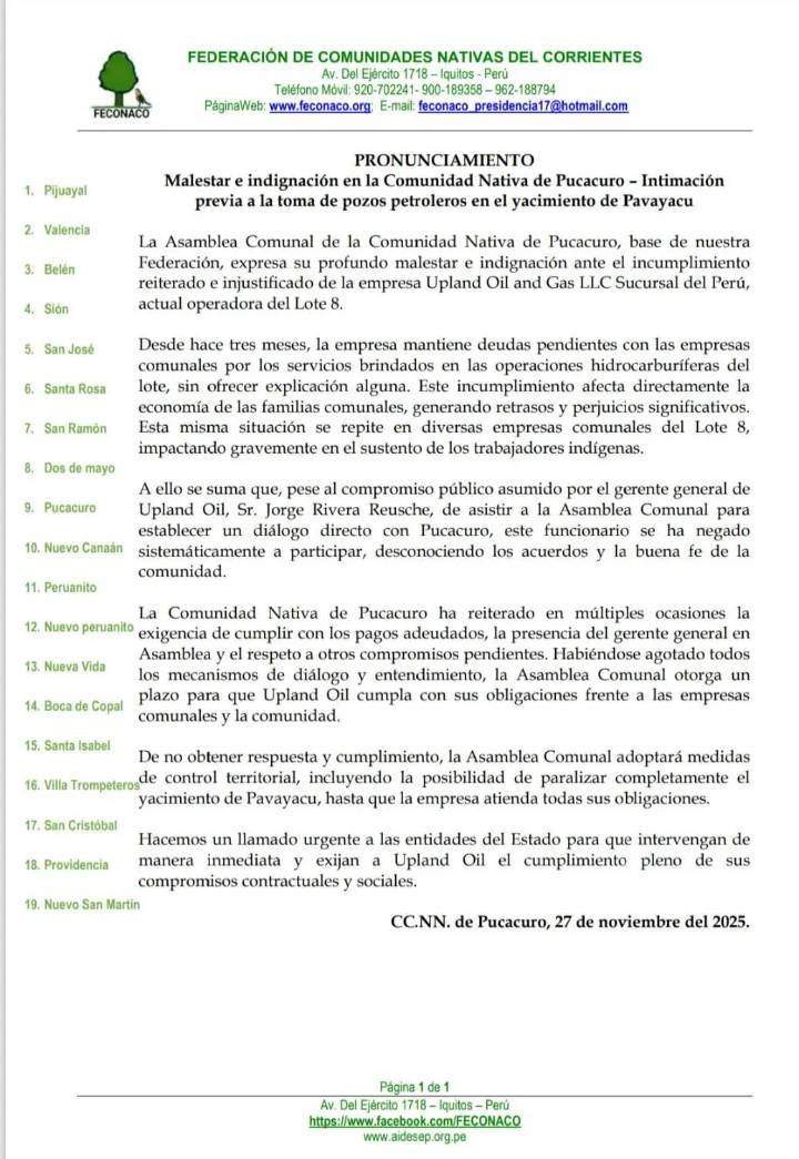 Loreto: Comunidades del Corrientes advierten toma de pozos petroleros por deuda