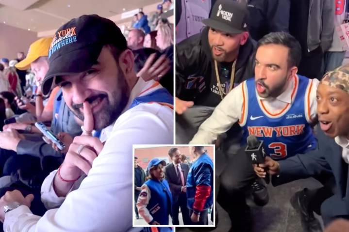 Zohran Mamdani poses as 'cheap seats' Knicks fan in cringefest political stunt with reporter, podcaster in tow