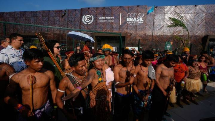 Protesters block the main entrance to COP30 climate talks in Brazil