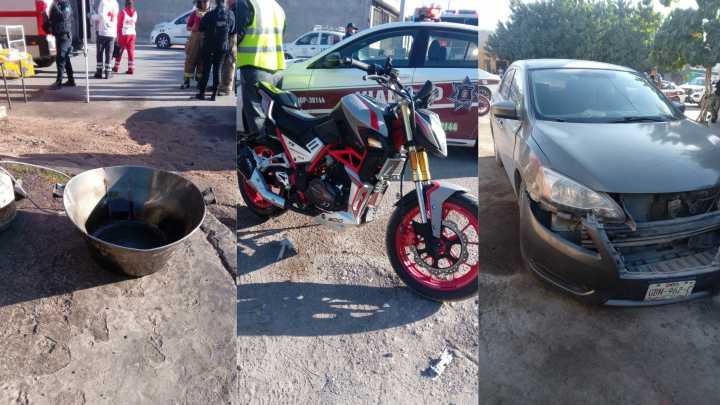 Joven sufre quemaduras tras choque que proyectó motocicleta contra cazo de carnitas en El Refugio