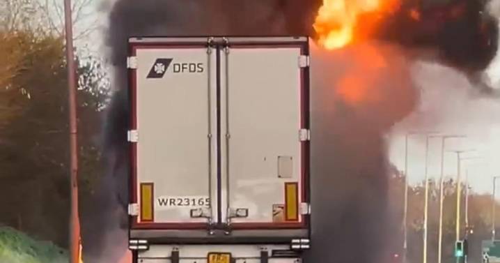 Frozen goods lorry on fire on Peto Way in Lowestoft