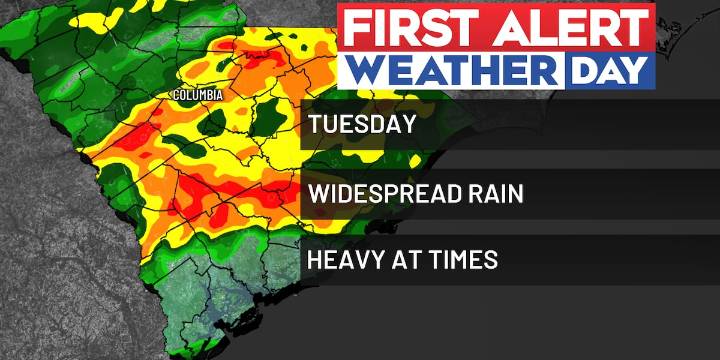 FIRST ALERT WEATHER DAY for widespread showers and heavy rainfall into Tuesday