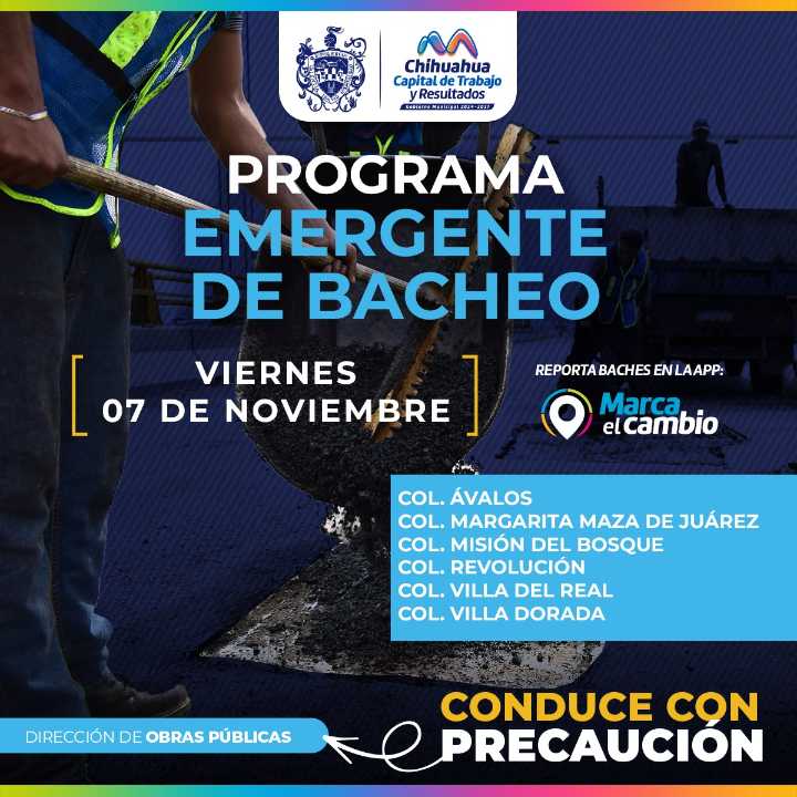 Bacheo del Municipio estará en seis zonas este viernes 7 de noviembre
