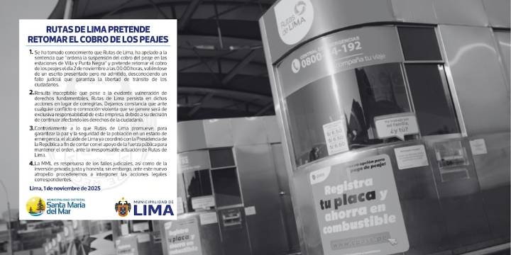 Municipalidad de Lima acusa a Rutas de Lima de desconocer fallo y seguir cobrando en peajes