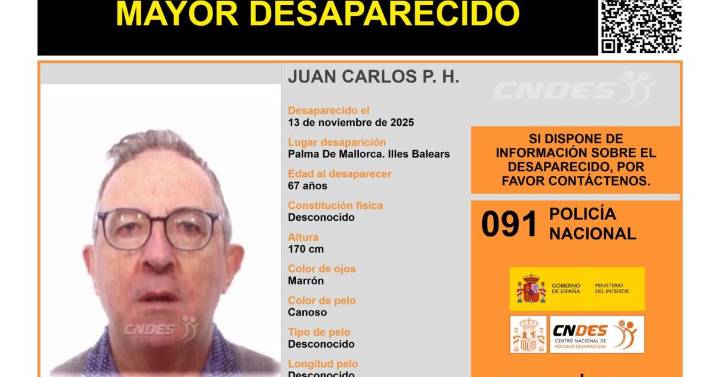 Alerta de desaparición en Palma sobre un hombre de 67 años del que no se sabe nada desde el 13 de noviembre