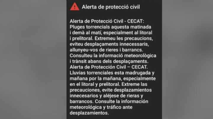 Mensaje de ES-Alert en Cataluña por la previsión de lluvias torrenciales: piden máxima precaución