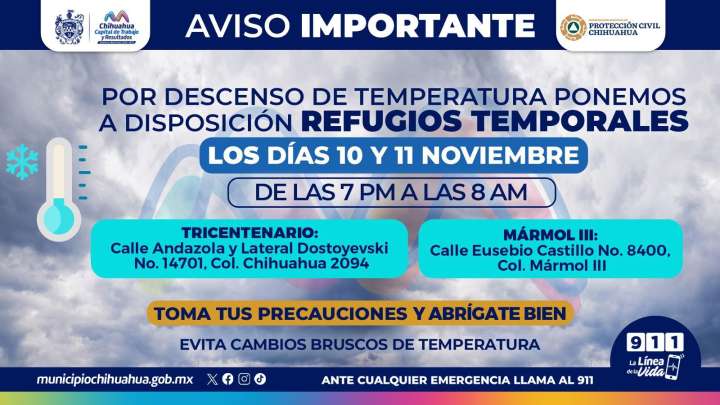 Abrirán hoy lunes refugios temporales del Municipio