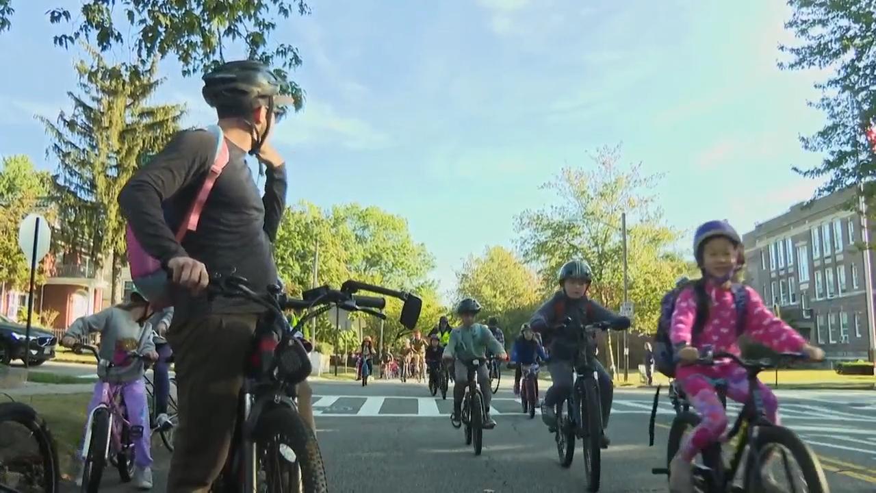 From a few to more than 350, children and parents ride together to school as a 'bike bus'