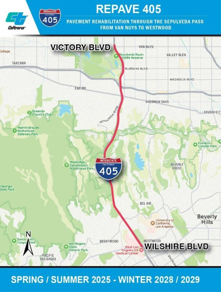 Overnight I-405 Lane Closures Set in Sepulveda Pass for Weeklong Caltrans Work
