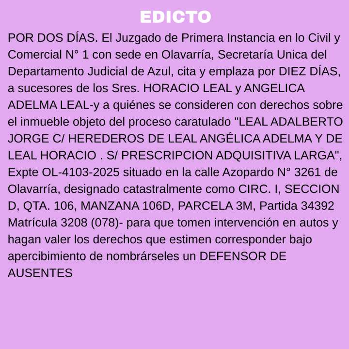 Edicto sobre prescripcion adquisitiva larga