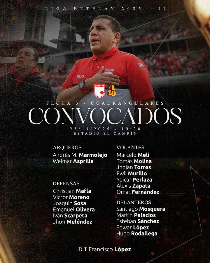 Oficial: Convocatoria Santa Fe para enfrentarse a Deportes Tolima -