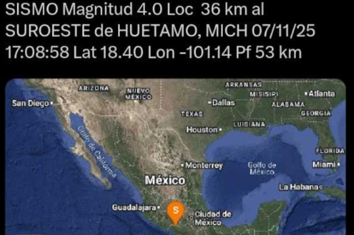 Sismo de magnitud 4.0 sacude Huetamo, Michoacán