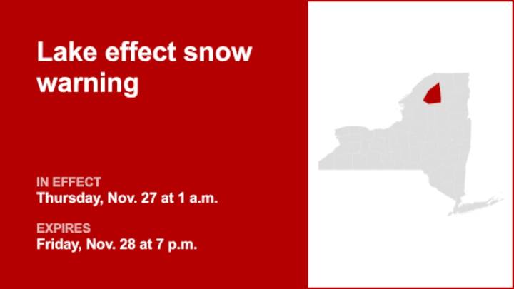 NY weather: St. Lawrence County under a lake effect snow warning Thursday and Friday