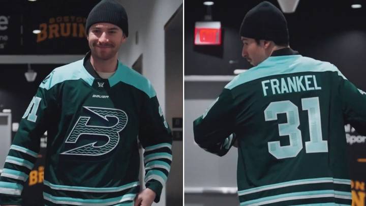 Bruins' Swayman wears jersey of PWHL Fleet goalie Frankel