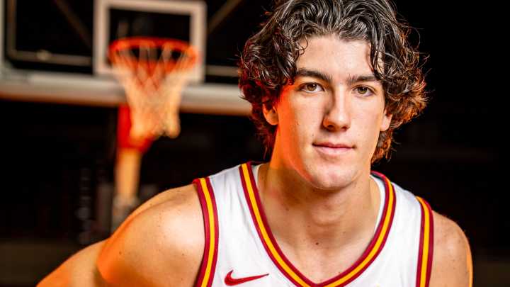Iowa State basketball center Blake Buchanan speaks to media